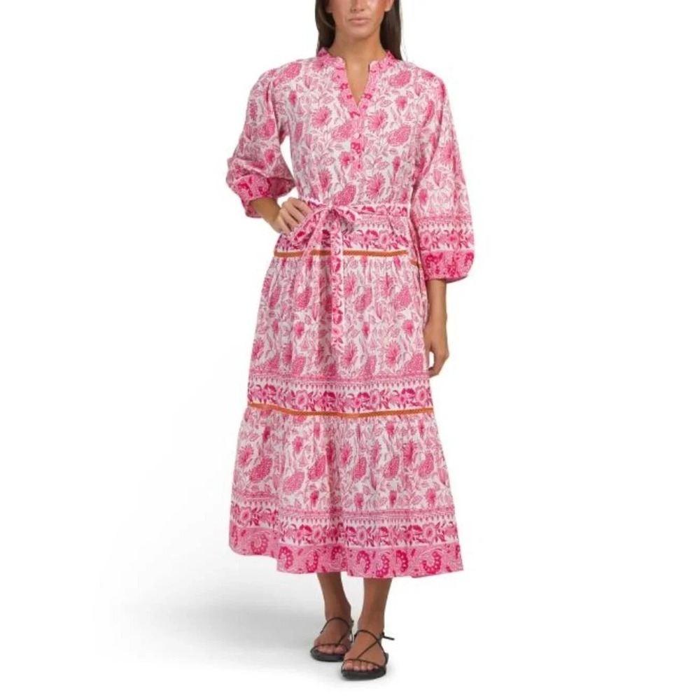 Calypso St Barth Pink Floral Cotton Maxi Dress Tiered Boho Resort Large NWT